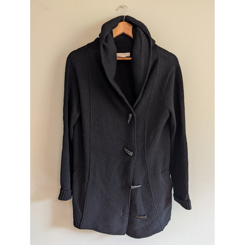 Kenar Womens Black Wool Alpaca Blend Hooded Toggle Button Cardigan Sweater Large